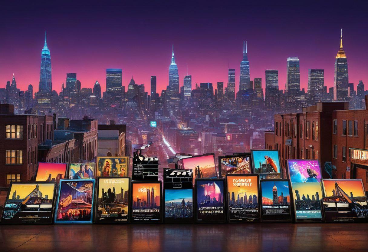 A dynamic collage of vibrant film posters showcasing the latest movie releases, with a clapperboard and film reels creatively integrated into the design. In the background, an abstract city skyline in twilight hues, representing a bustling film industry. Include a glowing neon sign that reads 'Fresh Releases'. super-realistic. vibrant colors. 3D.