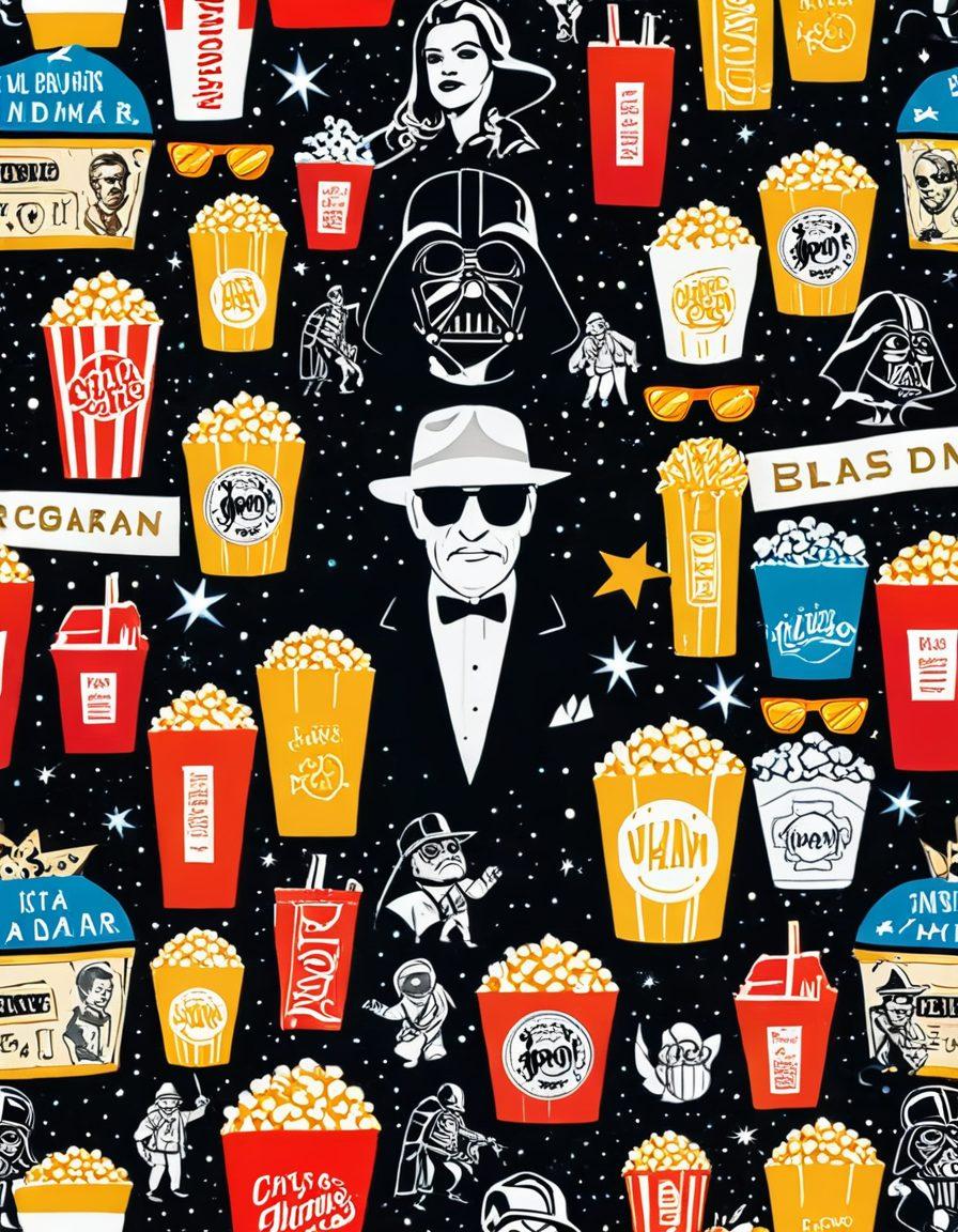 A captivating collage of iconic movie scenes, featuring a vintage film reel at the center surrounded by famous characters and vibrant film posters. Include popcorn and 3D glasses to evoke the cinema experience, and a background showcasing a starry night sky with film lights illuminating the scene. Cinematic theme. viibrant colors. super-realistic.